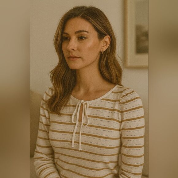 Striped Jacquard Tie Keyhole Ruched Sleeve Top Whisper White Golden Brown Quiet - Picture 1 of 7